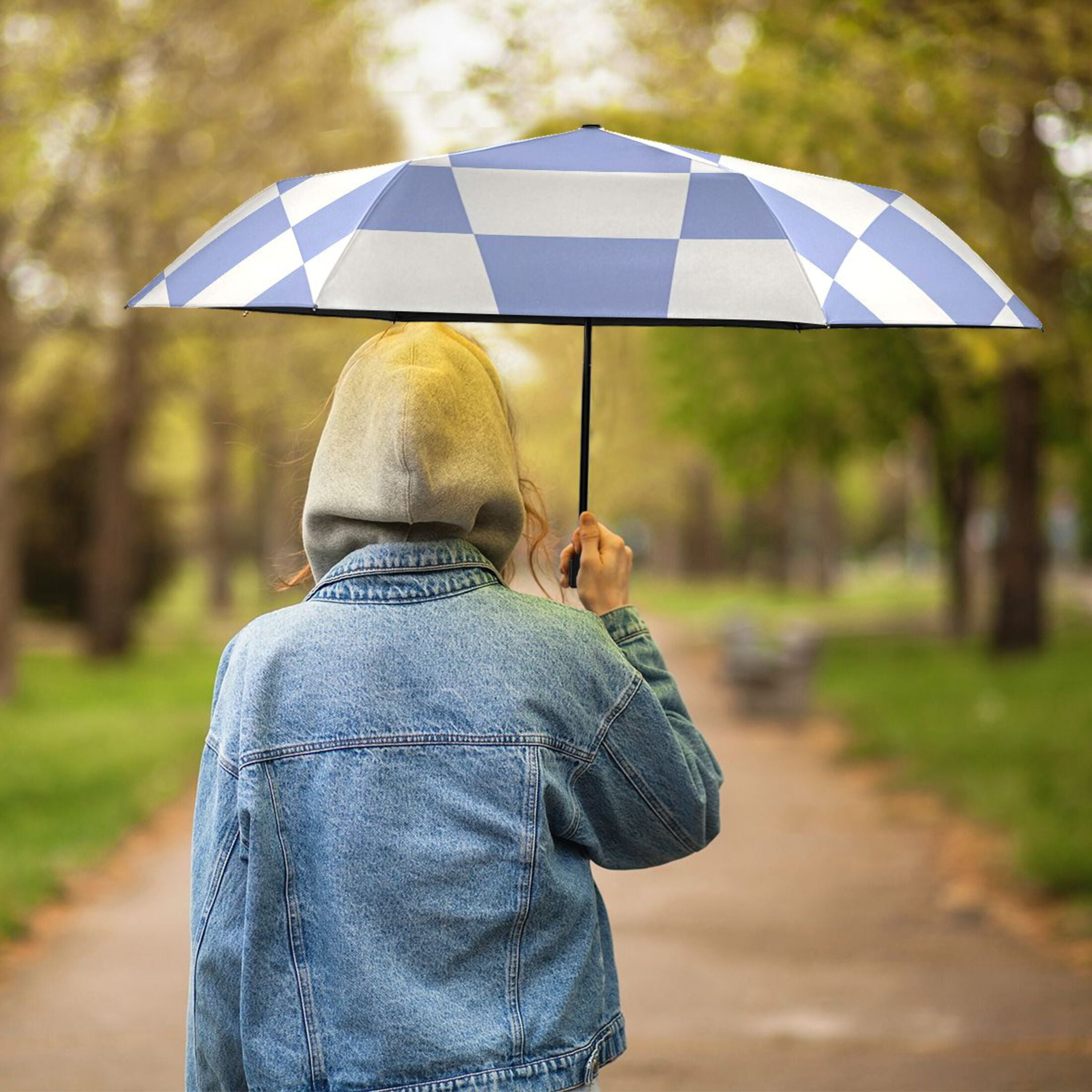 ALAZA Blue Checkered Grid Pattern UPF 50+ Compact Folding Umbrella for Rain Travel Umbrella Packable