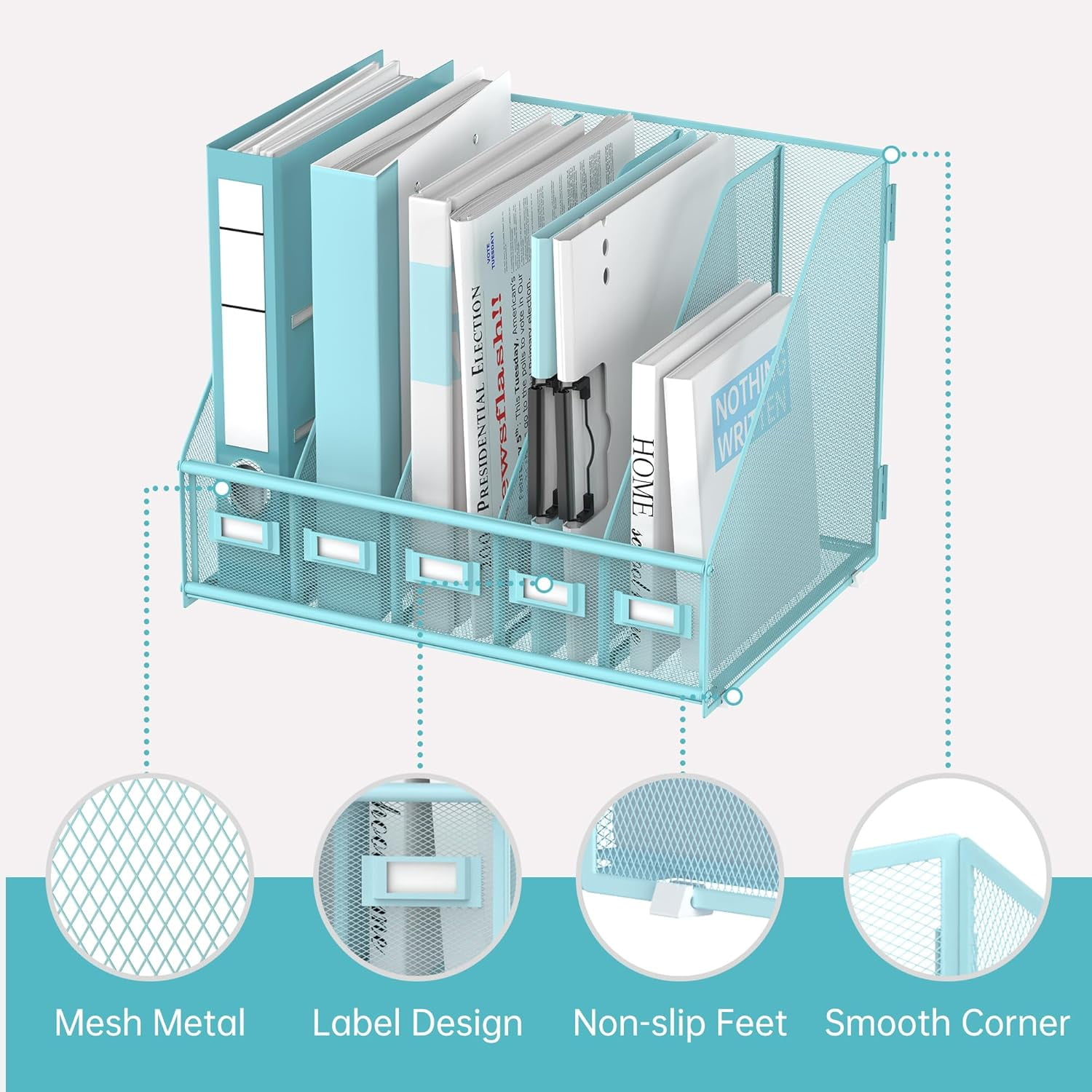 INTIGE Desk Organizer with 5 Vertical Compartments, Metal Desk File Organizer, Desk File Organizer, Increase Storage Space, Plus