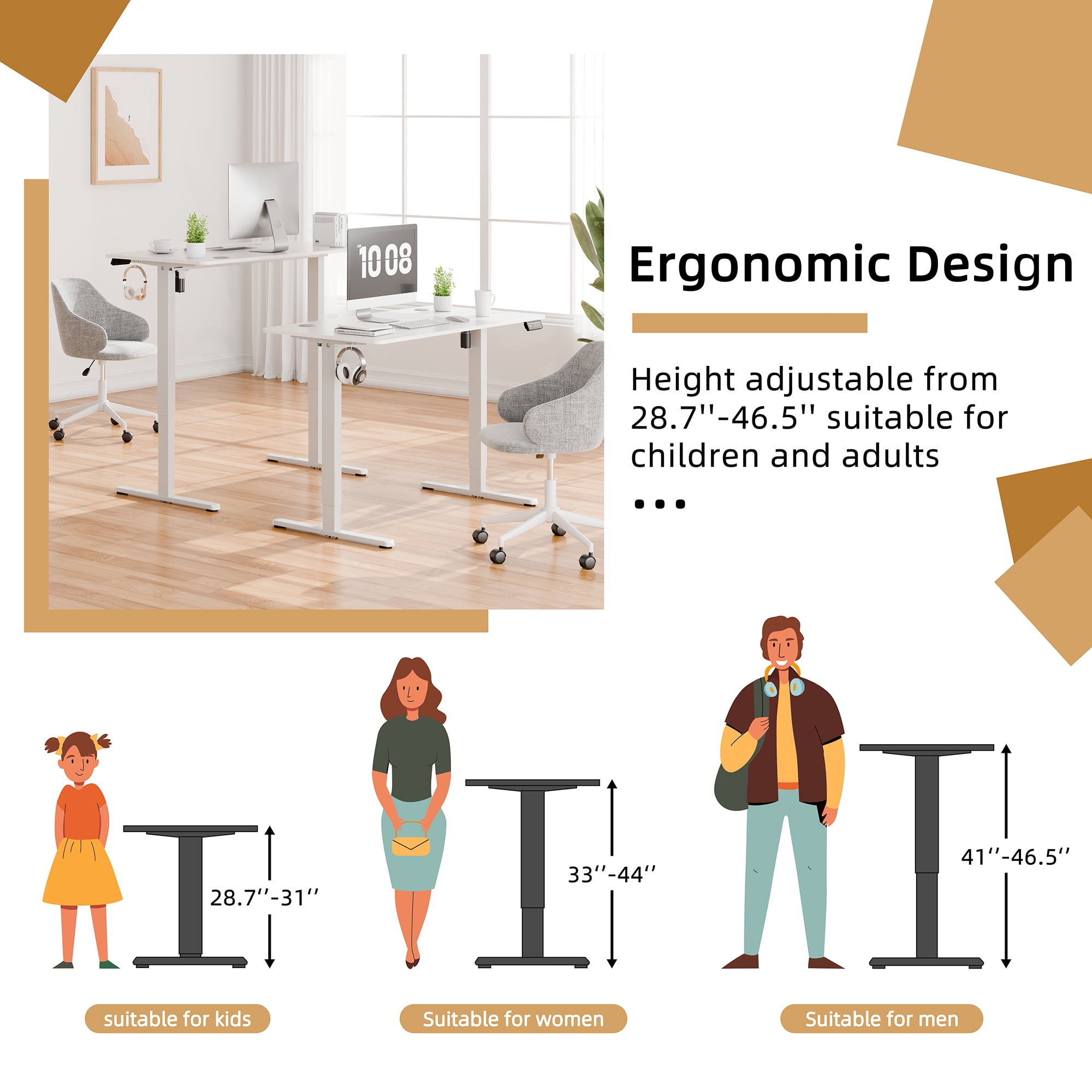 Walsunny Electric Standing Desk, Adjustable Height Gaming Desk, 47.2 x 23.6 Inches Ergonomic Stand Desk with Electric Lift, Home Office Desk with White Frame/White Top