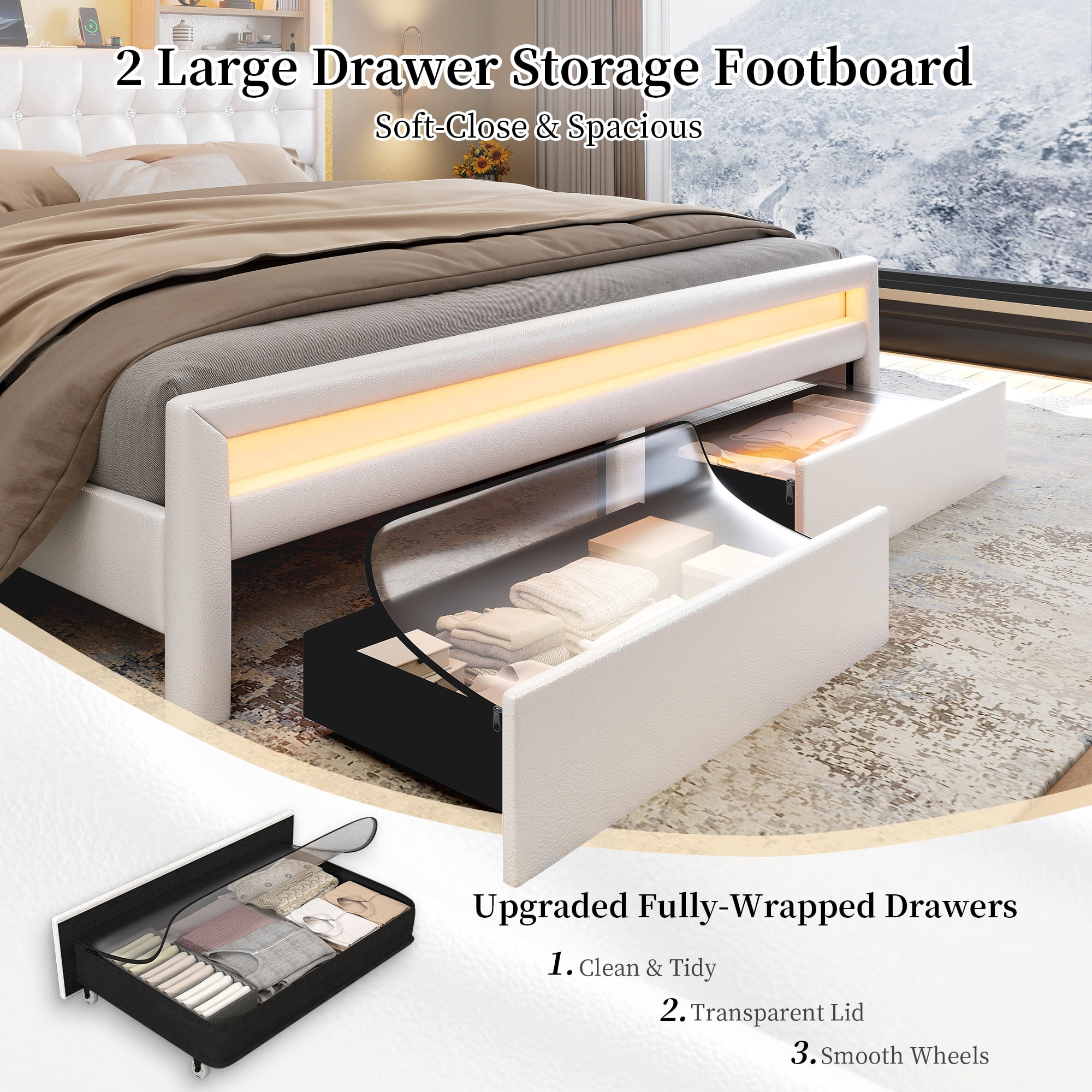 SIBEDS LED Bed Frame with 2 Storage Drawers and PU Upholstered White Wingback Headboard, Queen