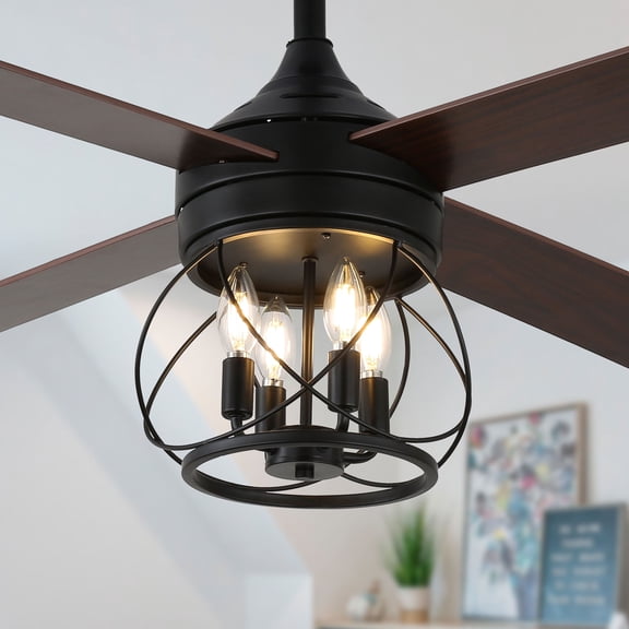 Chords Attic 52" 4-Blade Black Farmhouse Caged Ceiling Fan with Light and Remote Control, 6-Speed Quiet Reversible Ceiling Fan for Living Room,  Bedroom