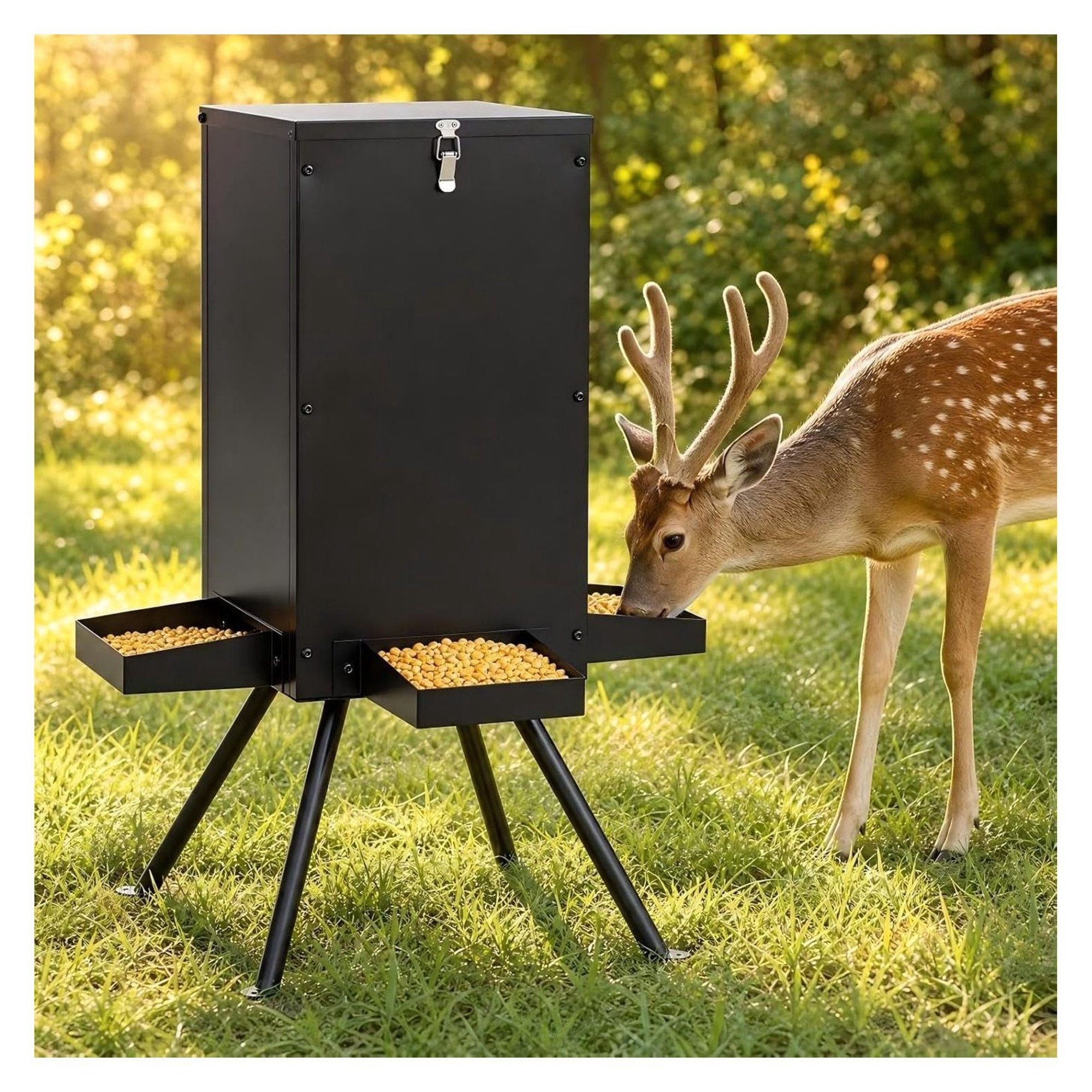 GYMAX 90LBS Gravity Deer Feeder with 4 Trays 14 Gallon Capacity Game Feeder for Corn and Heavy Duty Steel Wildlife Feeder for Hunting Land and Backyard