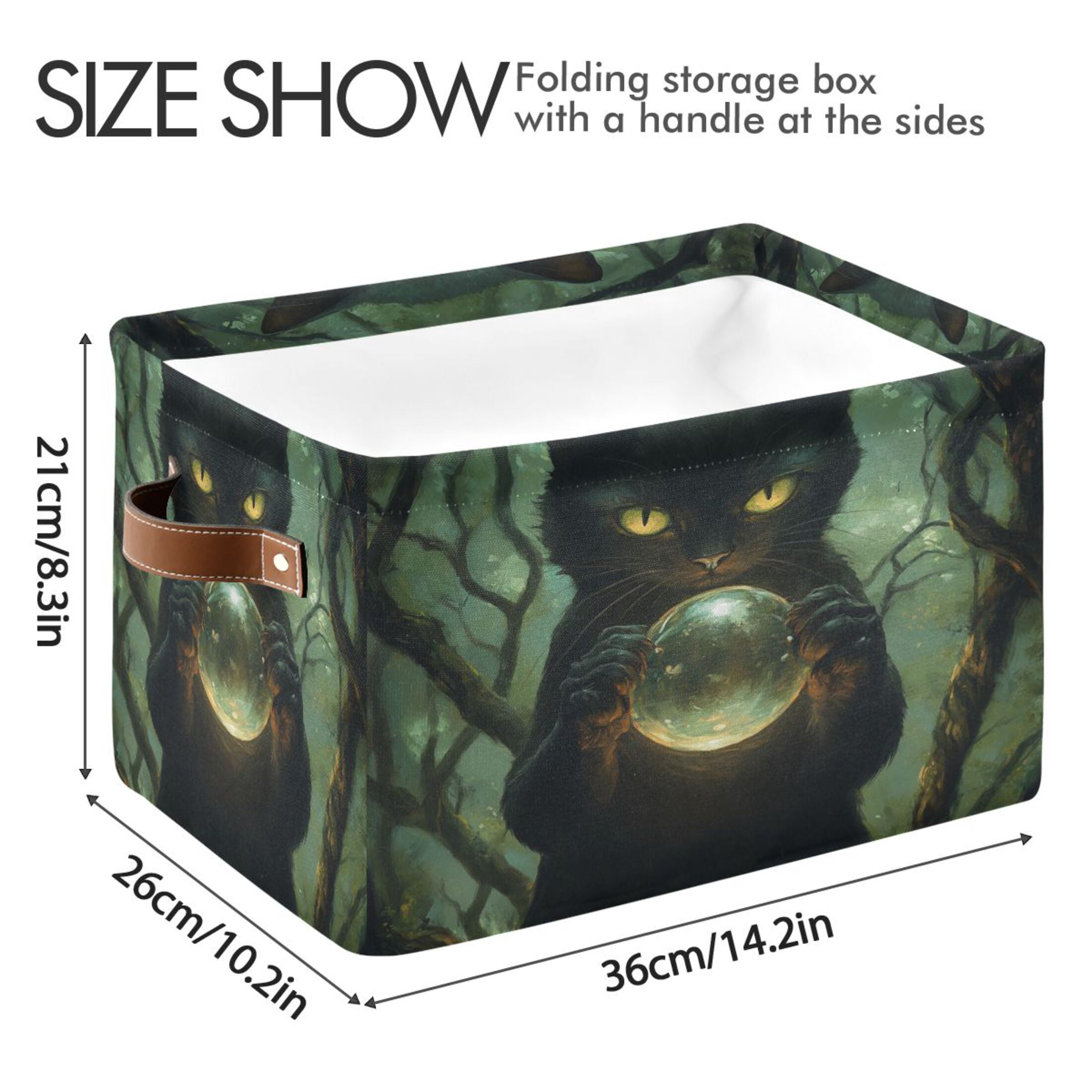 WOBOGO Black Cat Magic Ball Square Storage Basket with Waterproof Canvas and PE Lining Durable PU Leather Handles 14.2×10.2×8.3in