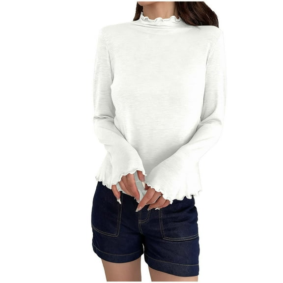 Womens Long Sleeve Tops Scalloped Soft Base Sweaters Mock Neck Casual Pullover Solid Color Spring Fall Clothes (One Size, White)