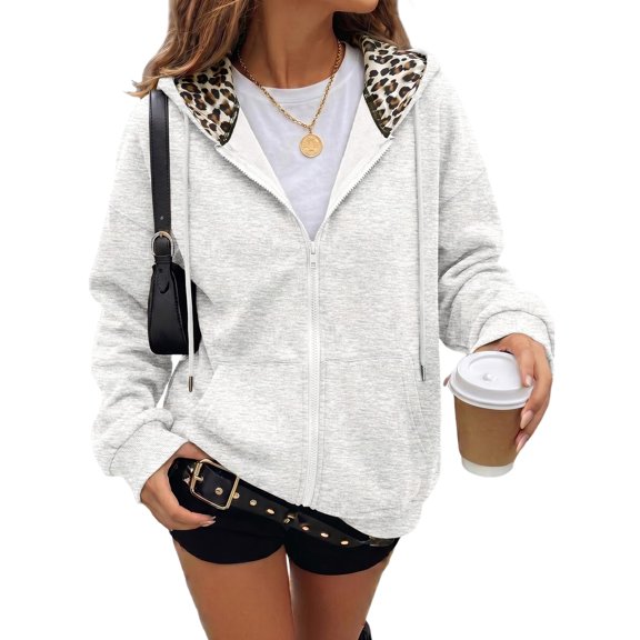 WULMLEO Women's Casual Solid Zip Up Hoodies Long Sleeve Sweatshirts Leopard Hooded Sweatshirt Tops White M