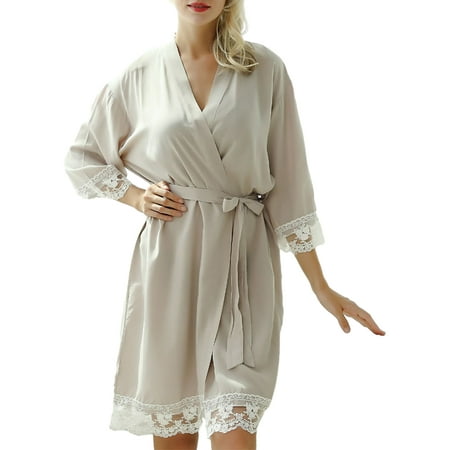 

Ma&Baby Women Satin Kimono Bath Robes Lace Trim Nightgowns Bathrobe Nightdress with Belt