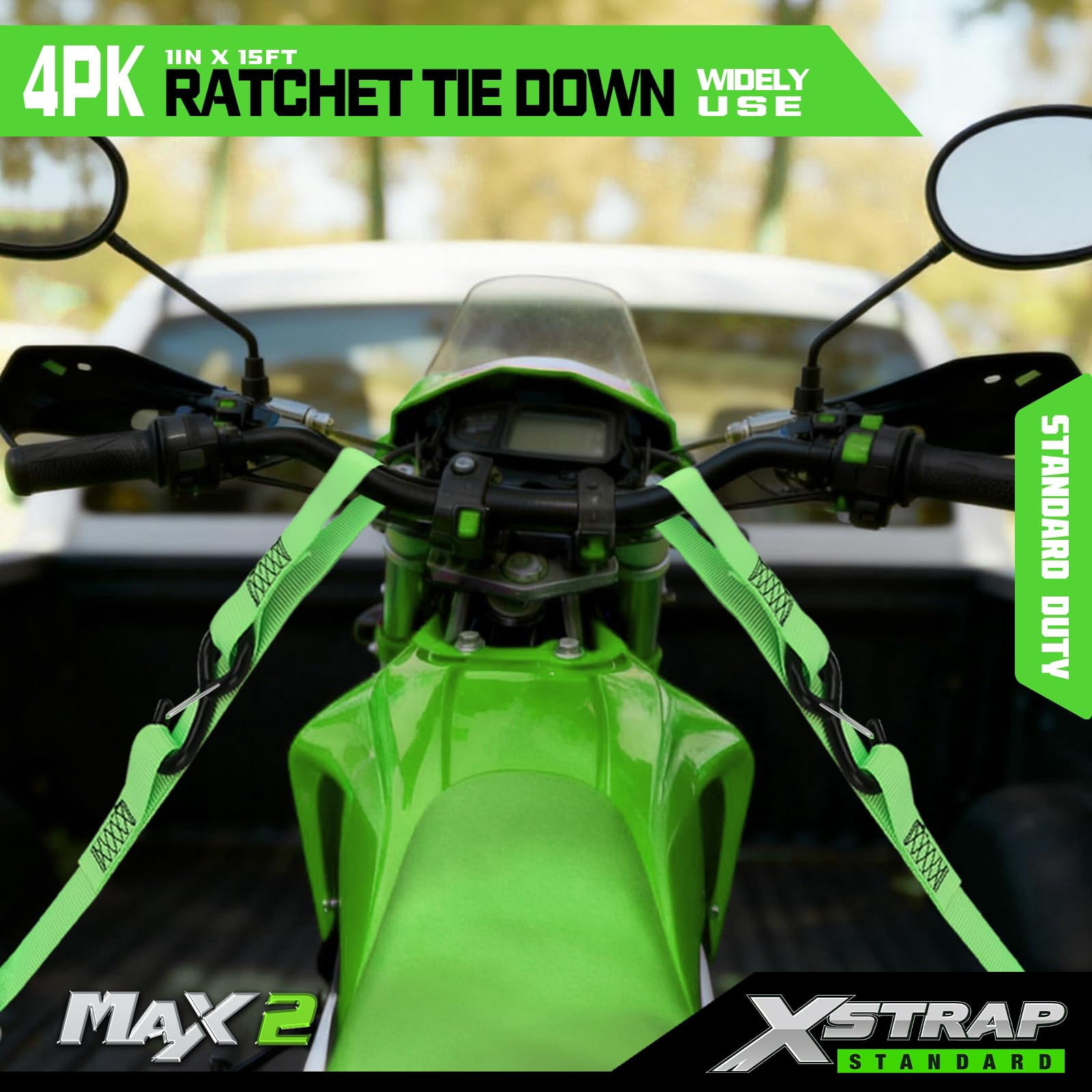 XSTRAP STANDARD Ratchet Tie Down Straps - 4 Pk - 1'' x 15 Ft 1890 Lbs Break Strength-Cargo Straps with Integrated Soft Loops, Truck (Green)
