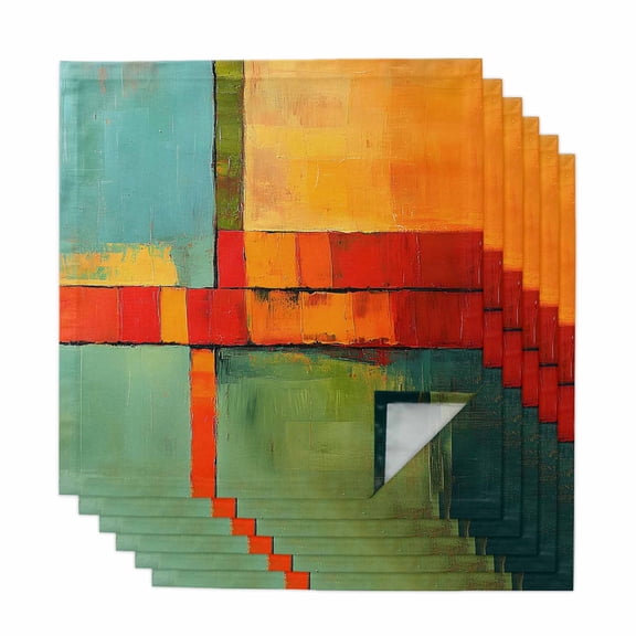 Teal Orange Geometric Cloth Napkins, Contemporary Oil Painting Art Washable and Reusable Dinner Napkins Set of 6, Table Napkin for Kitchen Party Birthday Wedding Hotel Housewarming 20"x20"