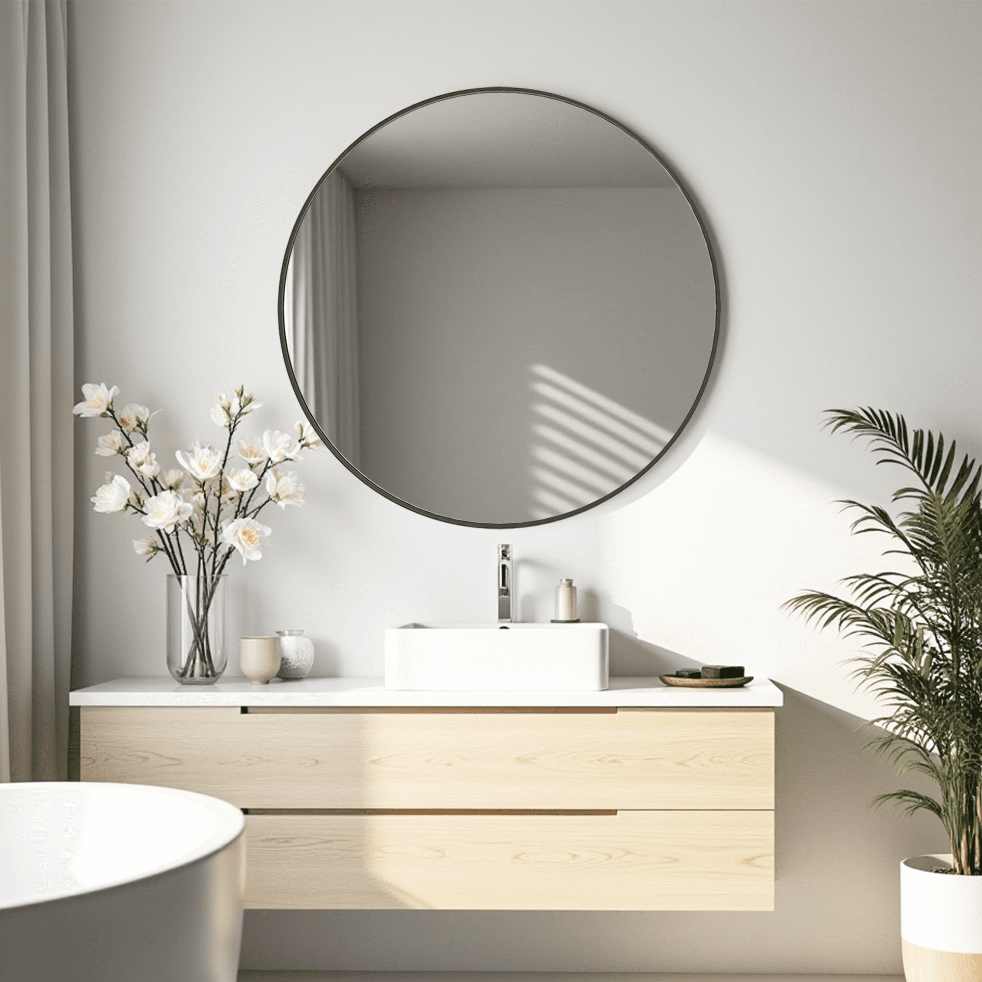 MAYEERTY 30" Round Wall Mirror - Aluminum Frame, Suitable for Vanity, Bathroom & Living Room, Black