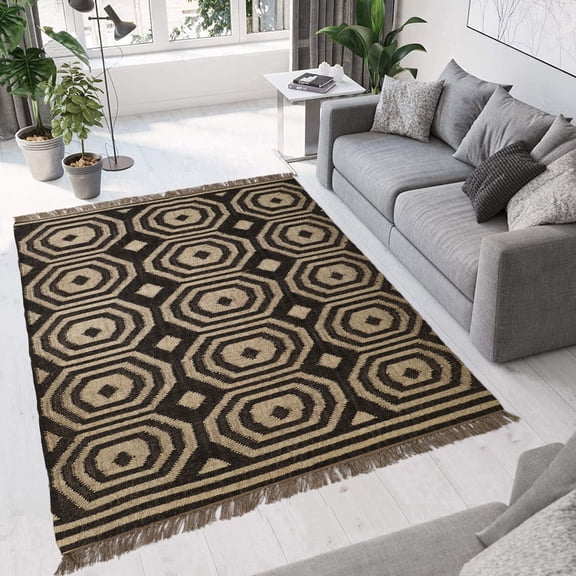 Kilim Wool Jute Rug – Handwoven Southwestern Area Rug with Tribal Geometric Pattern & Fringe 6 X 9 FEET