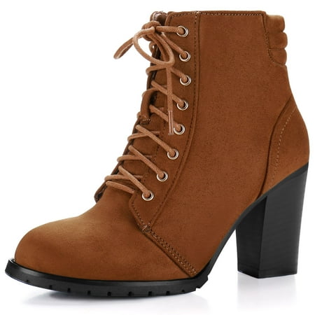 - Women Round Toe Chunky High Heel Lace Up Booties