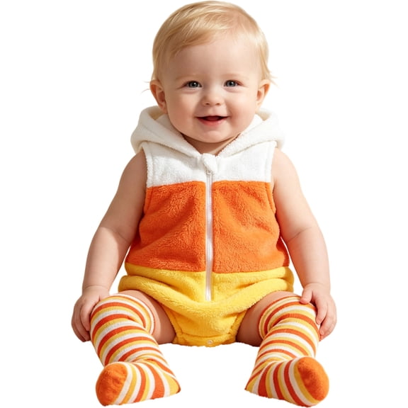HAYIMI Toddler 2-Pcs Candy Corn Outfit Sets, Color Block Hooded Romper and Striped Knee-High Socks, Baby Halloween Dress-Up Clothes Sets