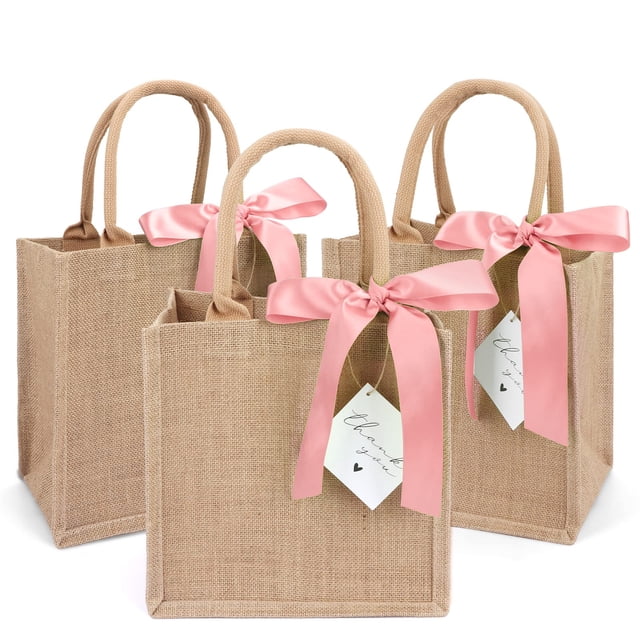 Paquete de 6 bolsas de yute con bonitas hojas de 25 x 25 x 18 cm, cinta rosa