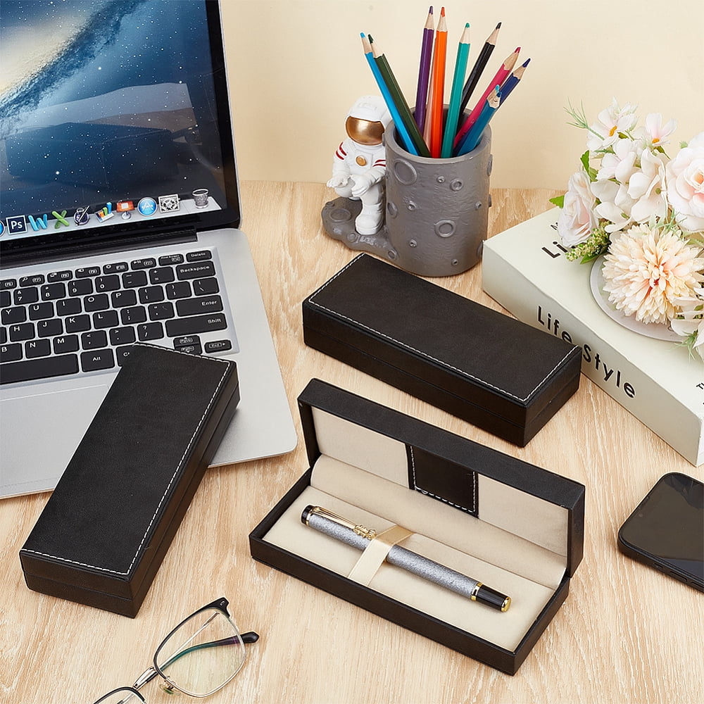 3Pcs PU Leather Long Pen Gift Box 2.67x6.9x1.5 Inch Black Pen Storage Boxes Pencil Boxes Empty Case with Cushion