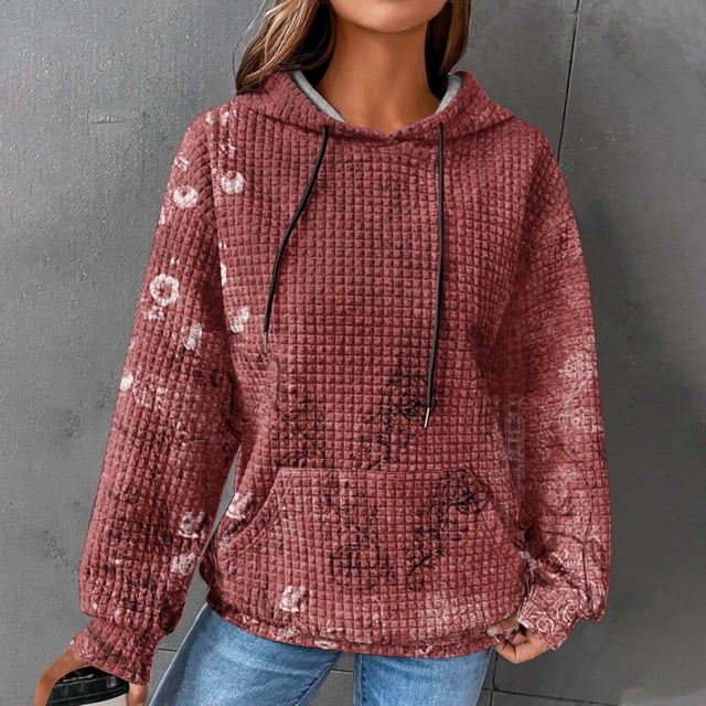 EGNMCR Chandails à Capuche pour Femmes, Chandails Décontractés à Manches Longues avec Poche, Imprimé Floral, Cordon de Serrage, Chandails à Capuche Surdimensionnés