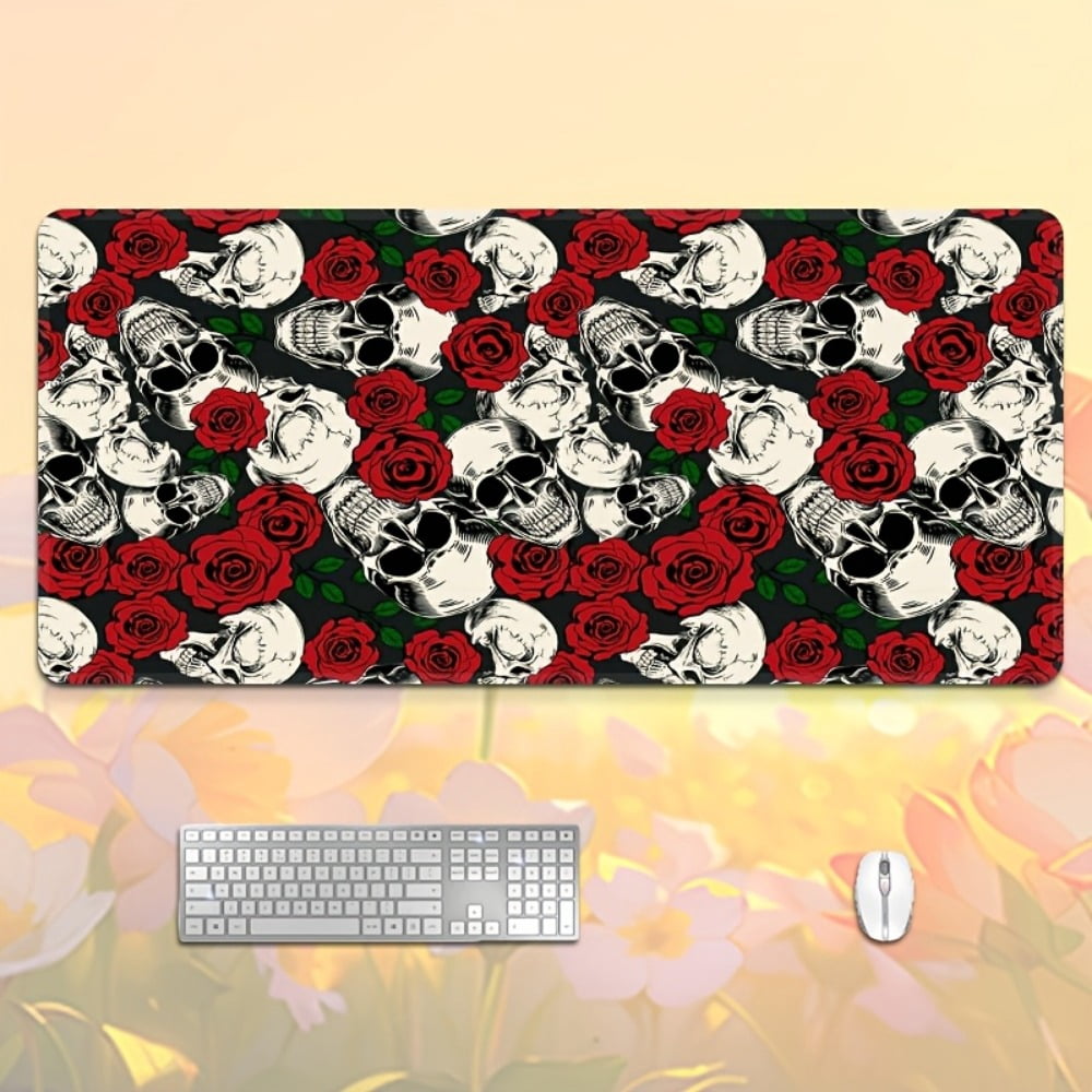 HELLOYOUNG Oversized Mouse Pad Non Slip Desk Mat, White Skull and Red Rose Gaming Mousepad with Stitched Edge, Durable Rubber Office Desk Pad, Holiday Gift for Gamers and Home Office