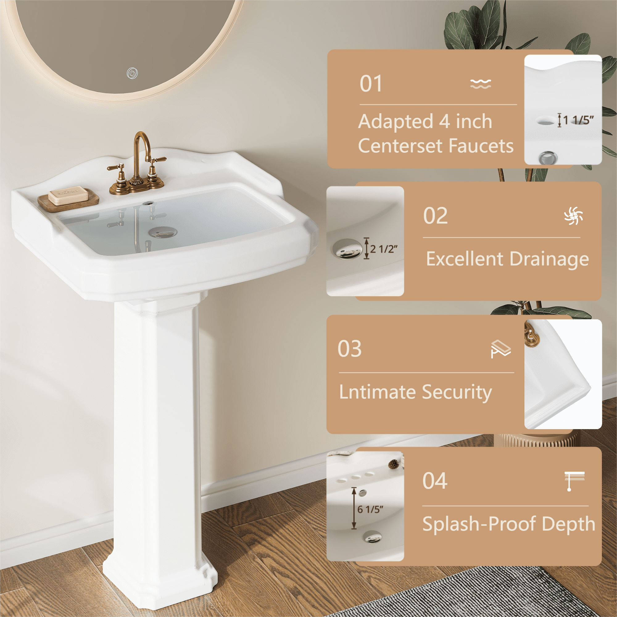 23"L x 19"W Rectangular Pedestal Sink, White Ceramic Pedestal Bathroom Sink with 3 Faucet Holes At 4" Faucet Centers, with Overflow (White Color)