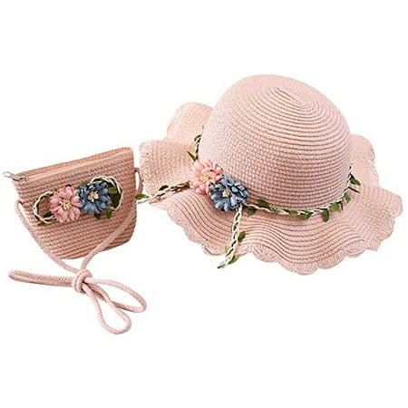 2-8 Years Old Girls Straw Hat Tourist Hat Sun Hat + Small Bag Set(Pink ...