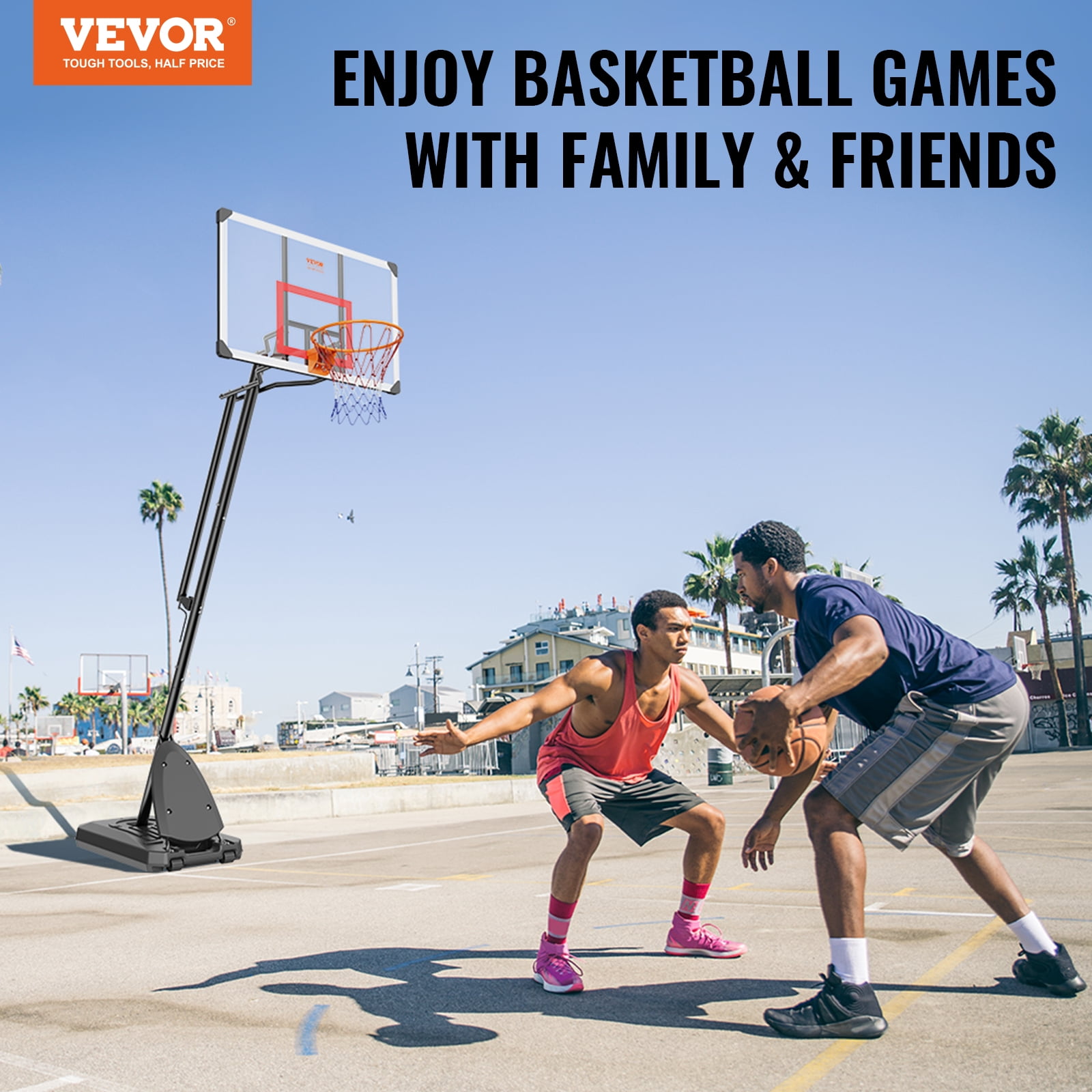 VEVOR Basketball Hoop, 7.6-10 ft Adjustable Height Portable Backboard System, 50 inch Basketball Hoop & Goal, Kids & Adults Basketball Set with Wheels, Stand, and Fillable Base