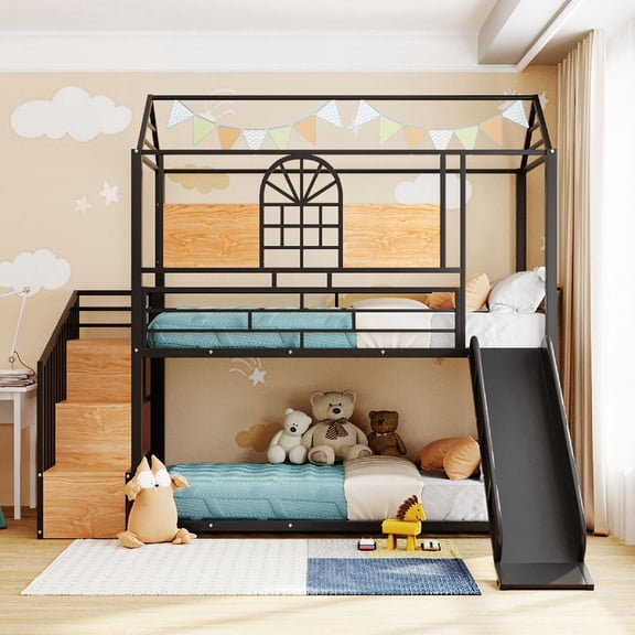 Twin Over Twin Size Bunk Bed Frame with Slide, Metal House Bunk Bed with Safety Guardrails and Storage Staircase for Kind, Teens, Adults, Mattress not included, Black