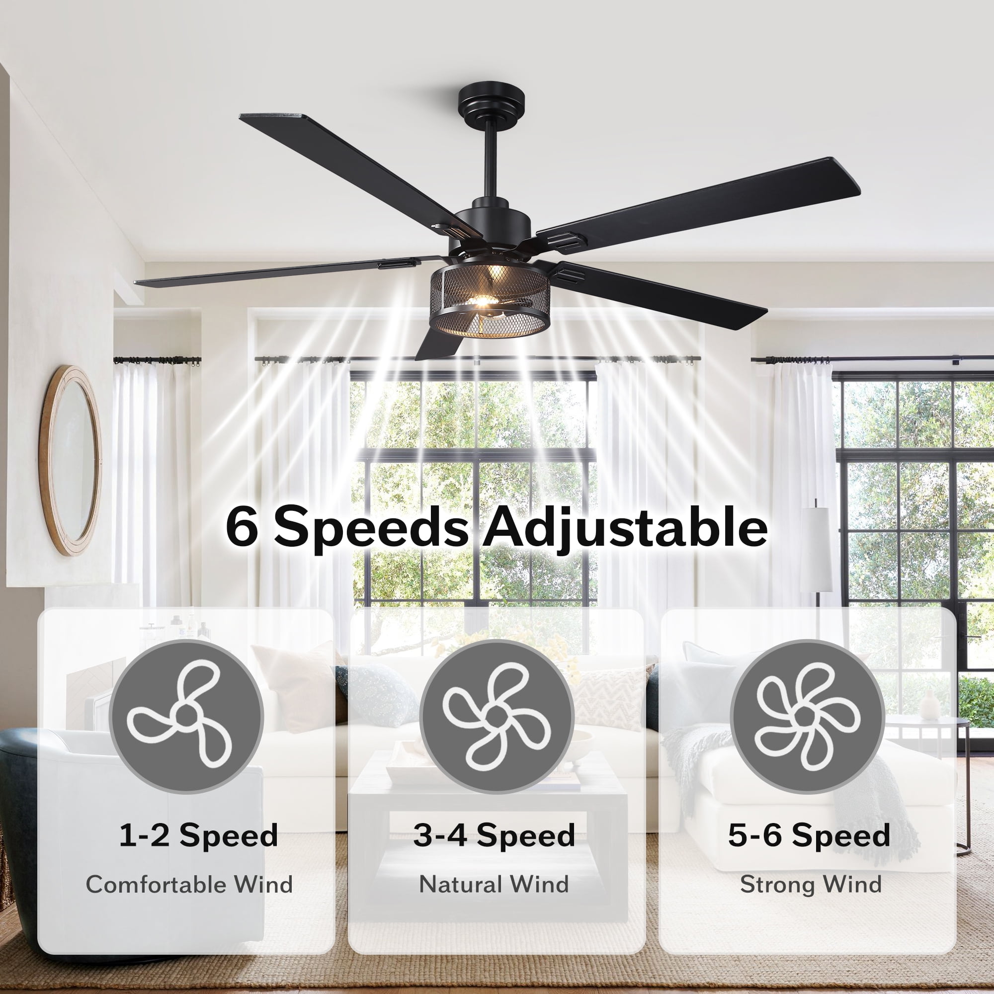 60" Industrial Large Black Smart Ceiling Fan with Dimmable LED Light and Remote