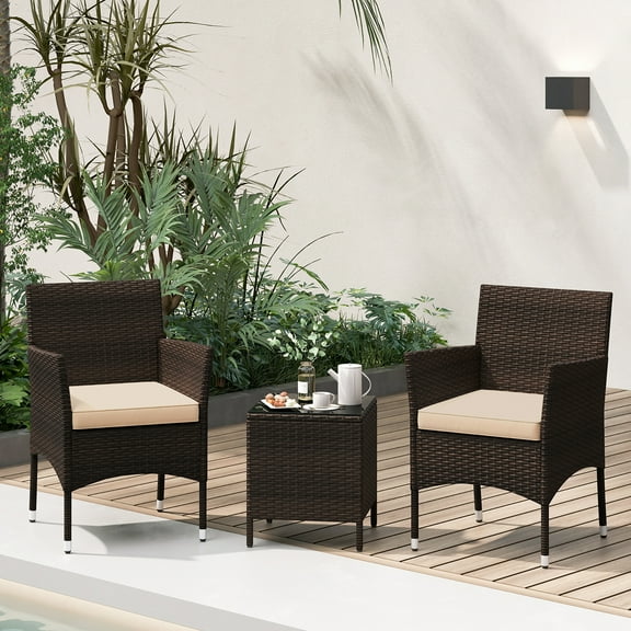 Gymax 3 PCS Outdoor Conversation Set w/ Cushioned Seat & Tempered Glass Tabletop