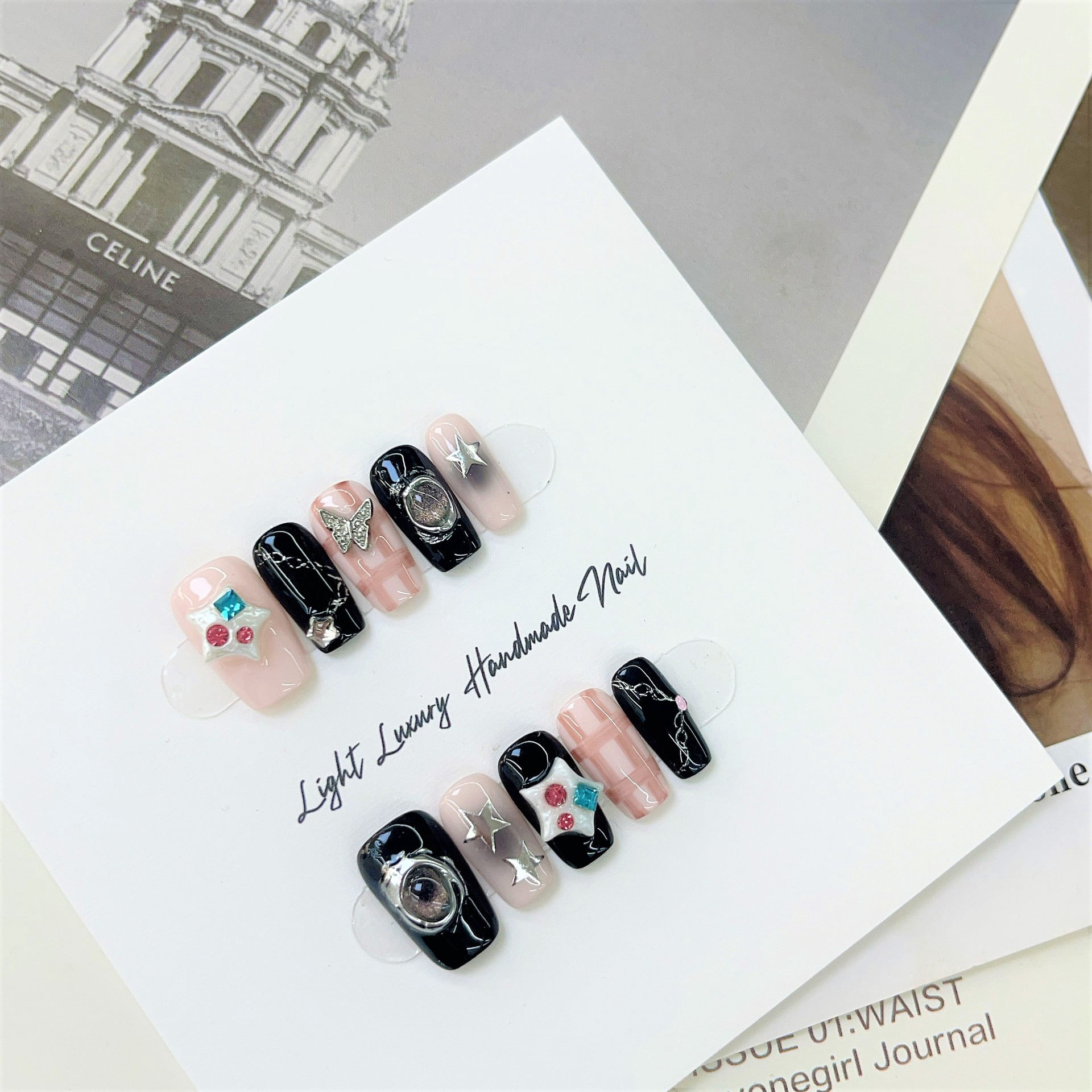 [Original real shot] Pink hand-painted plaid pattern hand-worn nail piece light luxury pure handmade high-quality control nail