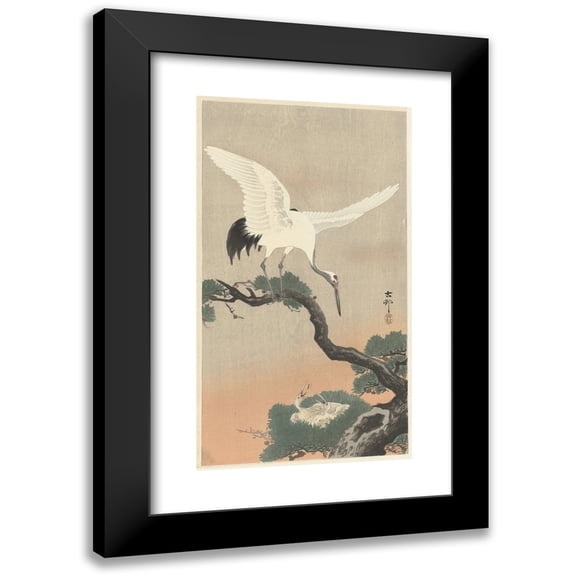 Ohara Koson 10x14 Black Modern Framed Museum Art Print Titled - Japanese Common Crane on Branch of Pine (1900 - 1930)