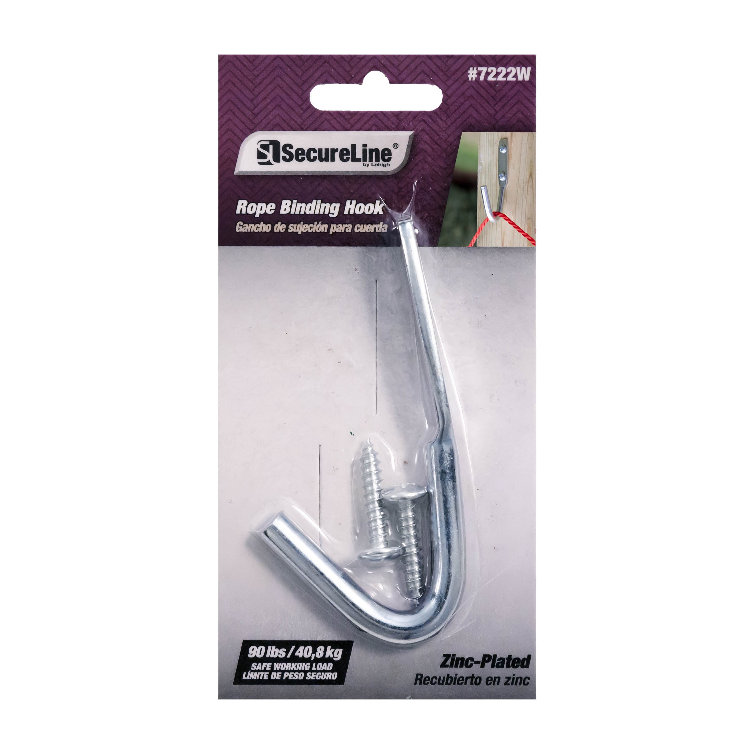 Secureline Item# 7222W, Rope Hook With Two Mounting Screws, Zinc Plated, 3-1/2", 1 Per Card