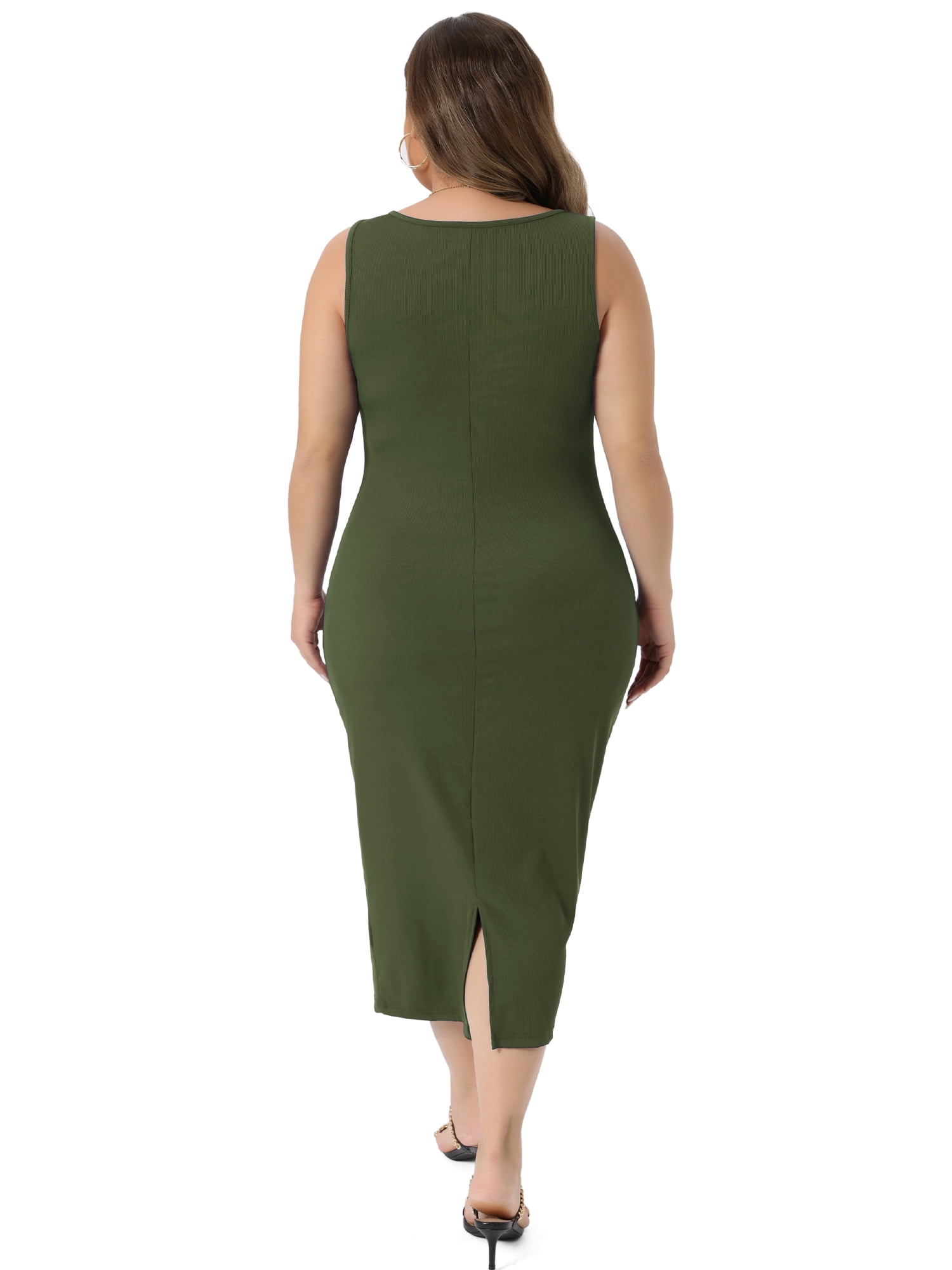 DARING DIVA Women's Plus Size Sleeveless Square Neck Bodycon Midi Tank Dress 1X Army Green