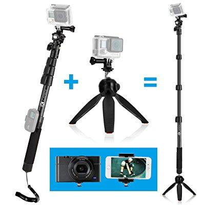 3+ Silver 2 Hero+ LCD Black 1 Session 3 and Compact Cameras; and Cell Phones Strong and Stable Clip Locks compatible with Gopro Hero 7 / 6 / 5 / 4 CamKix Premium Telescopic Pole 16-47 with Cradle for Remote