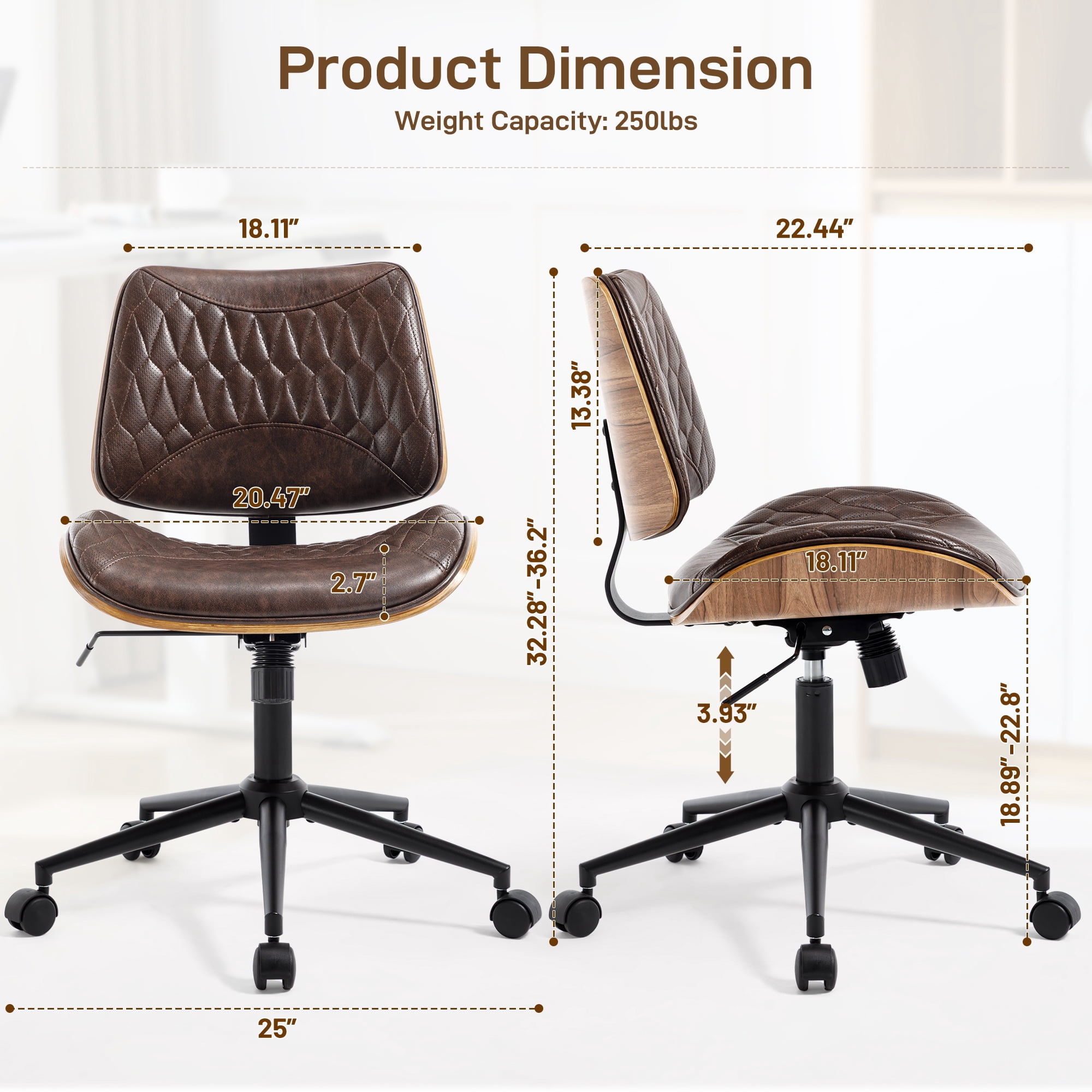 Home Office Desk Chair with Wheels, Armless Breathable PU Leather Office Chair, Swivel Ergonomic Computer Chair for Compact Space, Height-Adjustable Modern Walnut Chair with Rocking Function