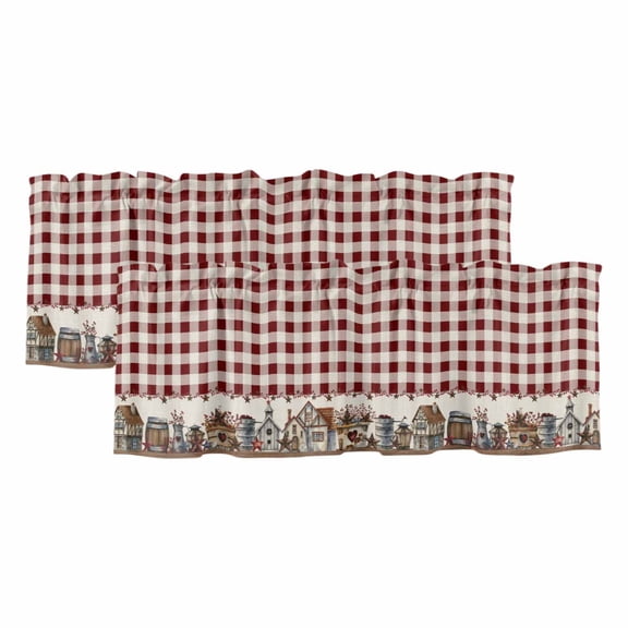 Farmhouse Valances for Windows, Decorative Rod Pocket Window Valance Curtains, American Country Star Barn Red Brown Plaid Berry Short Curtain Drapes for Kitchen/Living Room, 2 Panels, 42" W x 12" L