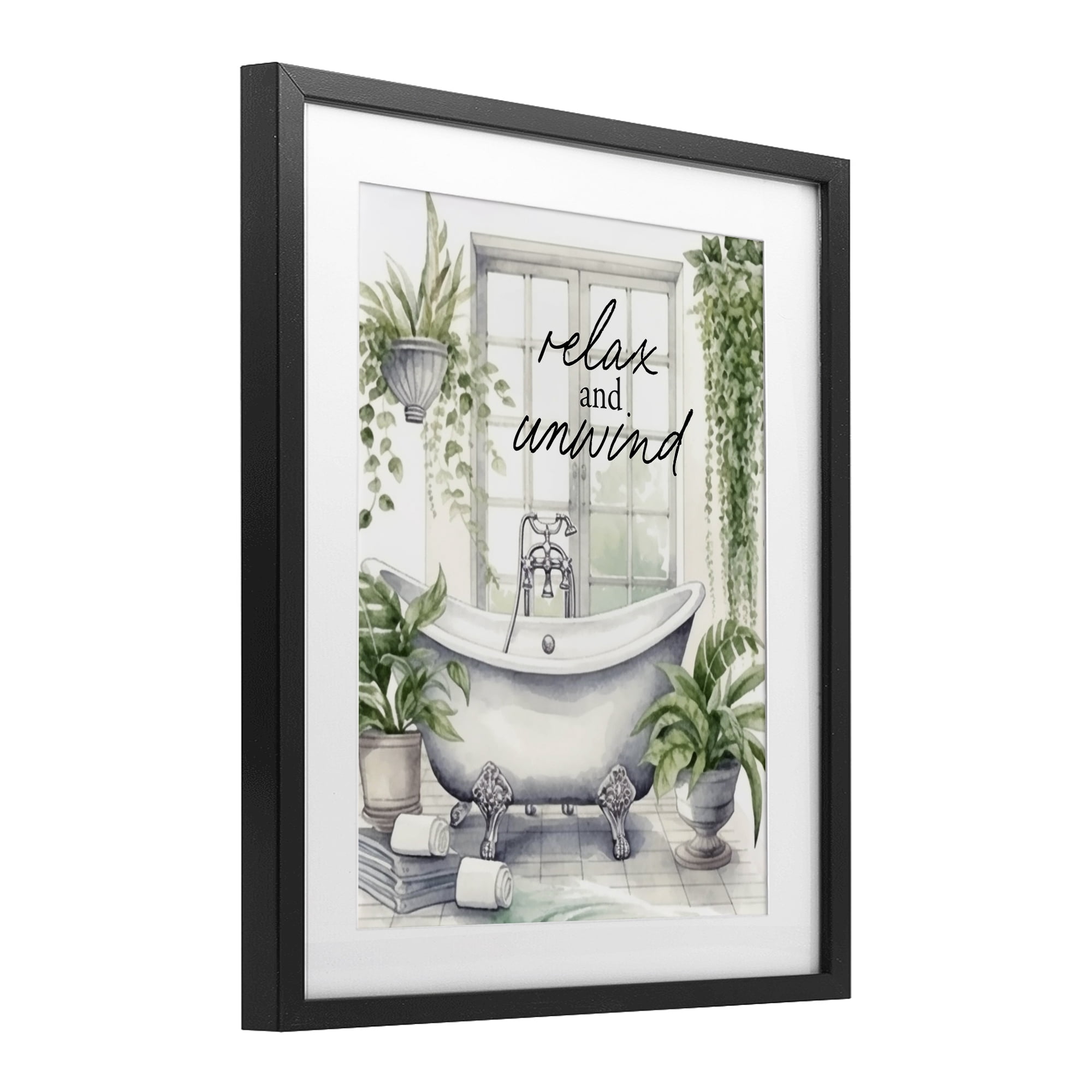 Relax Unwind Bath & Foliage Black Framed Print Under Glass, design by Lettered and Lined