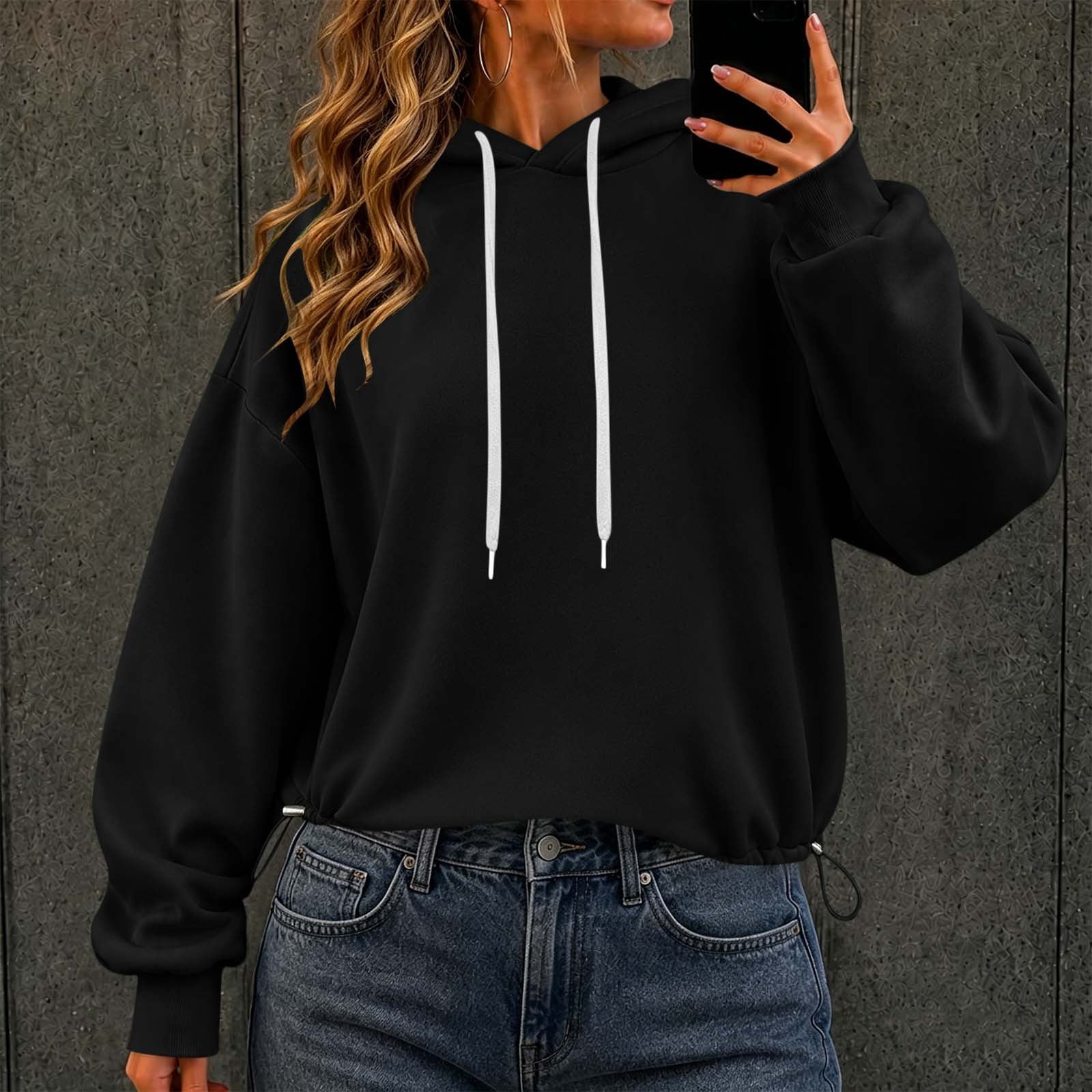 Inverlee Cropped Drawstring Hoodies for Women Long Sleeve Solid Pullovers Oversized Crop Sweatshirts Shopping Street Attire Black (S-XXL)