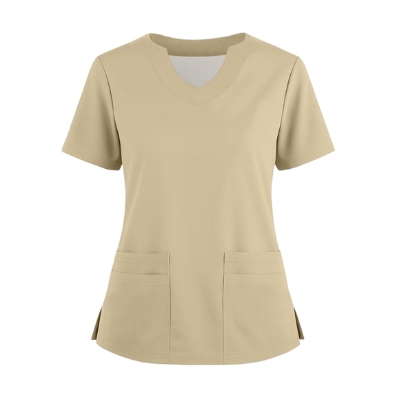 Leidass Women’s Short Sleeve V-Neck Scrub Top, Soft Stretch Medical Uniform Shirt with Pockets, Lightweight Nursing Workwear Beige L