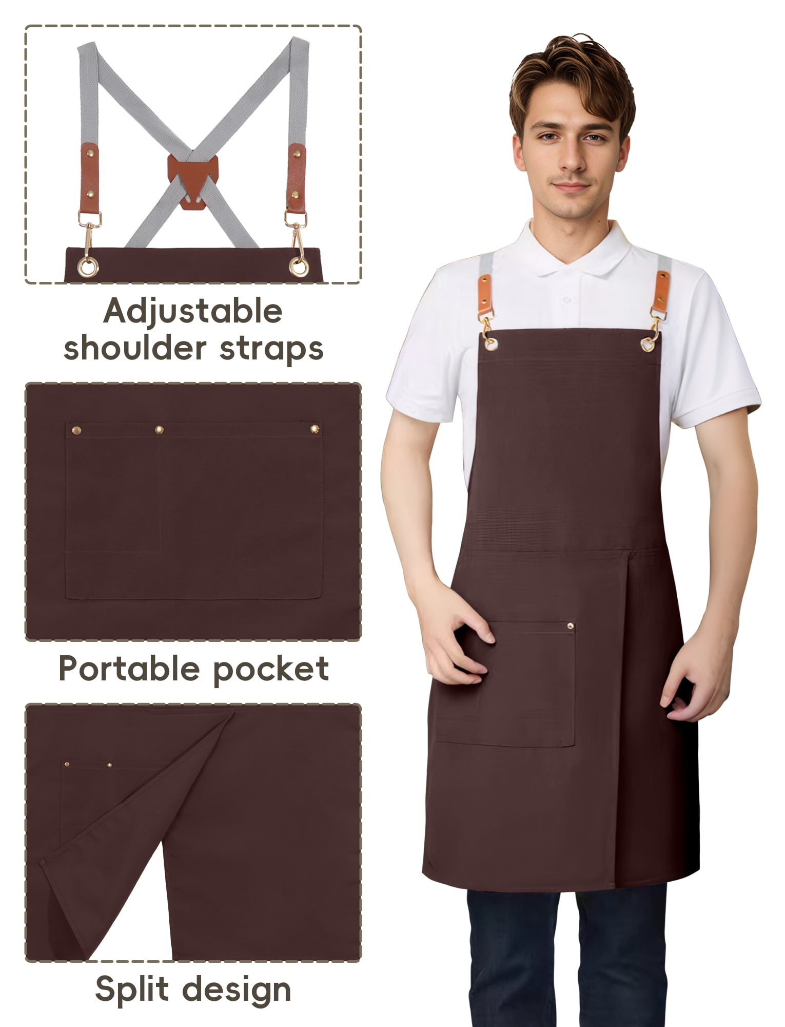 HonorHut Canvas Chef Apron Split Leg Apron with Multi Pocket Cross Back Adjustable Strap Work Apron for Kitchen Cooking Baking Grilling Green