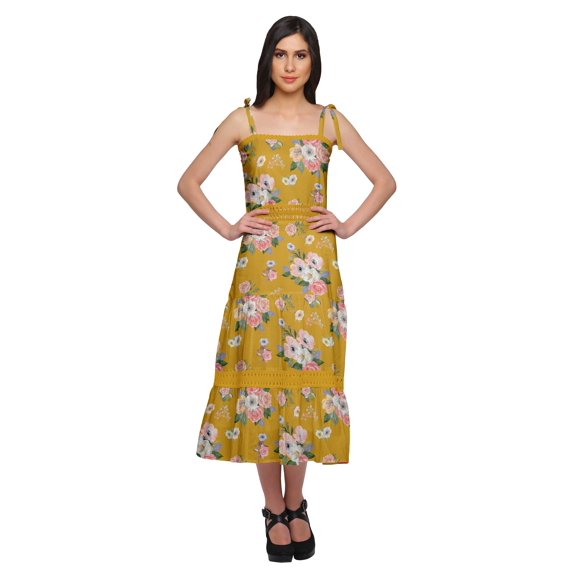 Moomaya Women Casual Printed Long Maxi Cotton Adjustable Shoulder Strap Dress