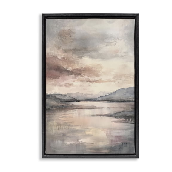 Stupell Industries Transitional Cloud Covered Lake Landscape Black Floating Frame Canvas Art, 17 x 25, by Petals Prints Design