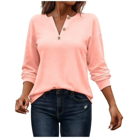 Womens Plus Size Henley Shirt, Long Sleeve Shirts for Women Casual Loose Fit Solid Color Button Up T-Shirts Fall Clothes