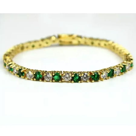 9Ct Round 4mm Simulated Diamond & Emerald Tennis Bracelet - 14K Yellow Gold Plated