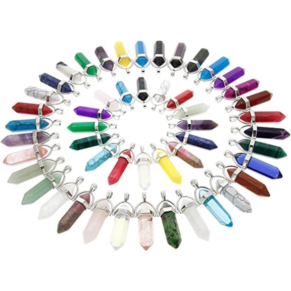 PEACNNG 50pcs Bullet Shape Healing Pointed Beads Quartz Crystal Stone Pendants for DIY Necklace Jewelry Making, Assorted Color