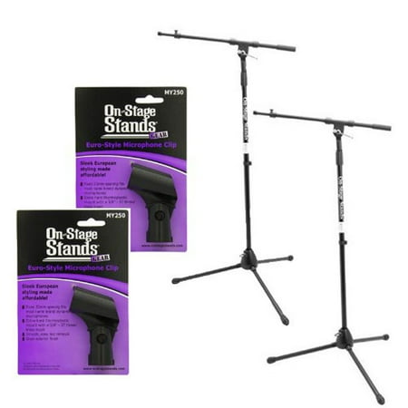 2 On Stage MS7701B Professional Tripod Microphone Stands with 30" Boom + 2 On Stage MY250 Shure Type Microphone Clip