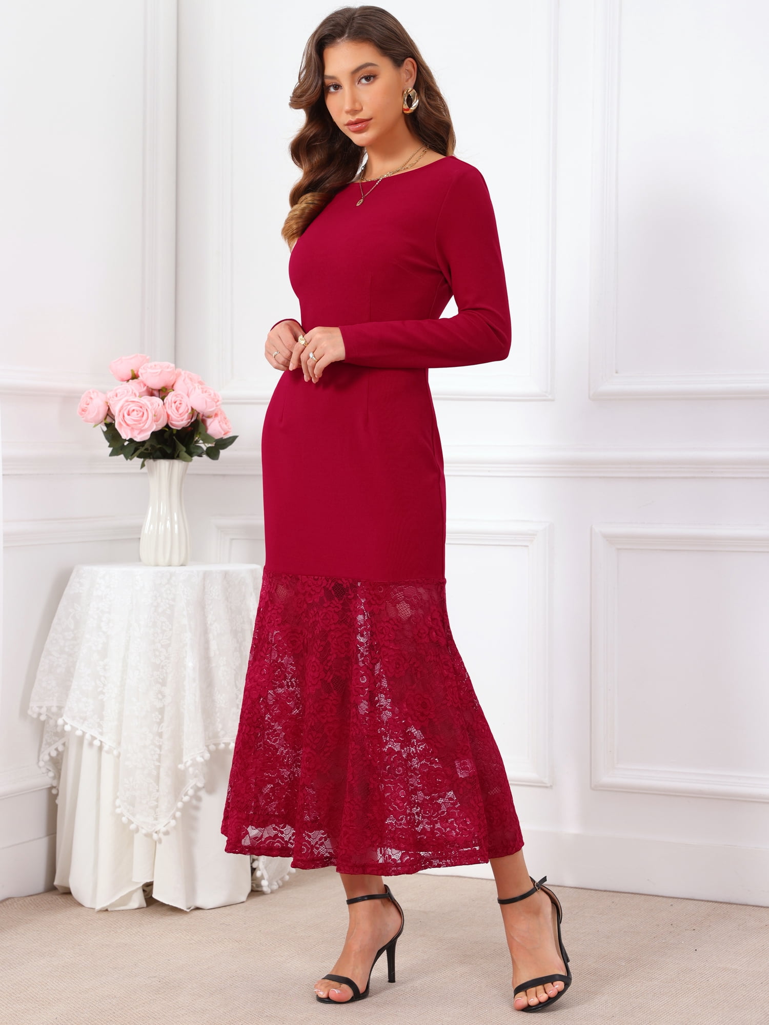 DARING DIVA Women's Lace Dress Wedding Guest Boat Neck Fishtail Dress S Burgundy
