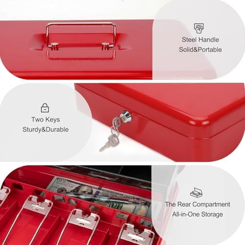 Cash Box with Money Tray and Lock -Red Cash Box with Key Lock Safe Money Box Large, Locking Cash Register Drawer Box for Money, 11.8'' x 9.5'' x 3.5'', SM-CB005RED