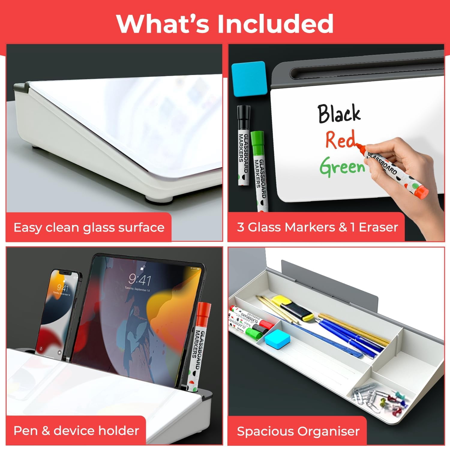 Glass Desktop Whiteboard With Storage - Dry Erase Board  Work Desk Organizers Computer Stand Home Office Accessories Small White Workspace Buddy + 3 Markers