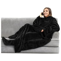 Fleece Blanket with Sleeves, Foot Pockets for Women Men Adults, Plush Wearable Blanket Throw Wrap, Warm Blanket Robe, Cozy Gift Ideas Wife Mom, Black