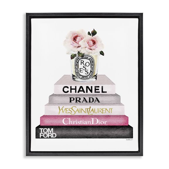 Stupell Industries Contemporary Book Stack Fashion Candle Pink Rose Black Floating Frame Canvas Art, 17 x 21, by Amanda Greenwood