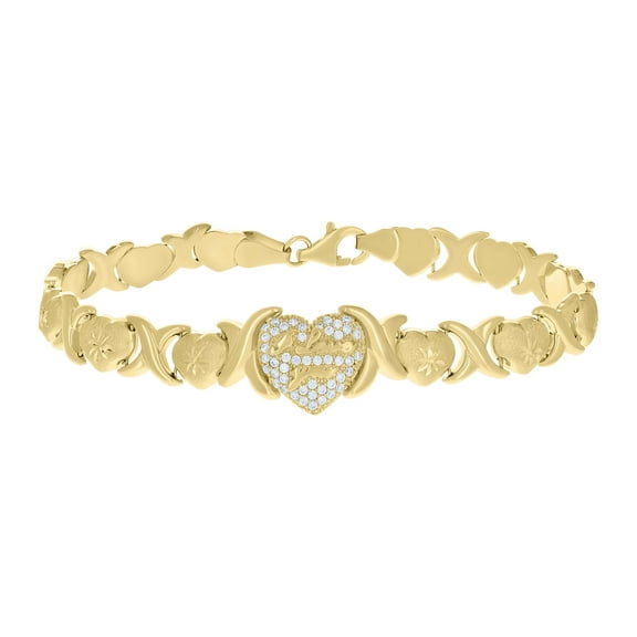 10kt Real Yellow Gold Womens Cubic-Zirconia XOXO Link Heart Charm Bracelet Size 8 Inches