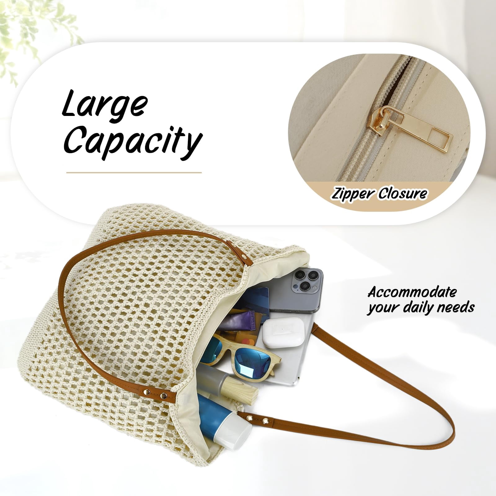 mirlewaiy Beach Bags for Women Woven Crochet Summer Purse 2026 | Boho Tote Bag, 13.8" Large Capacity, Tote Bag with Zipper, Foldable Packable, Beach Shipping, Vacation Purse